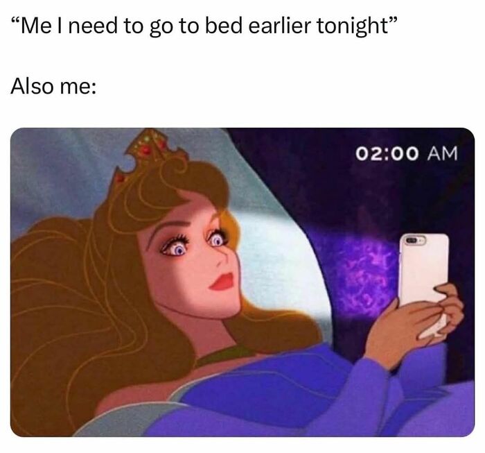 Princess wide awake at 2 AM, looking at phone; "Just Girly Things" meme humor women might relate to.