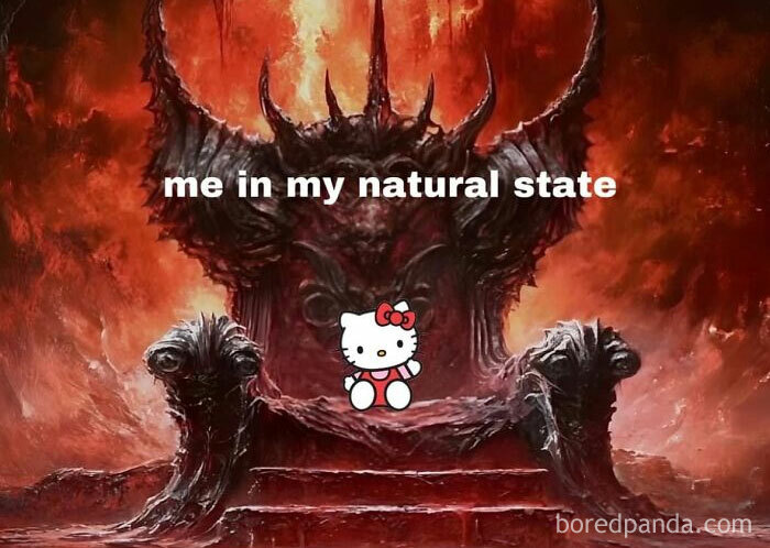 Hello Kitty sitting on a fiery throne with text "me in my natural state," related to Just Girly Things meme.