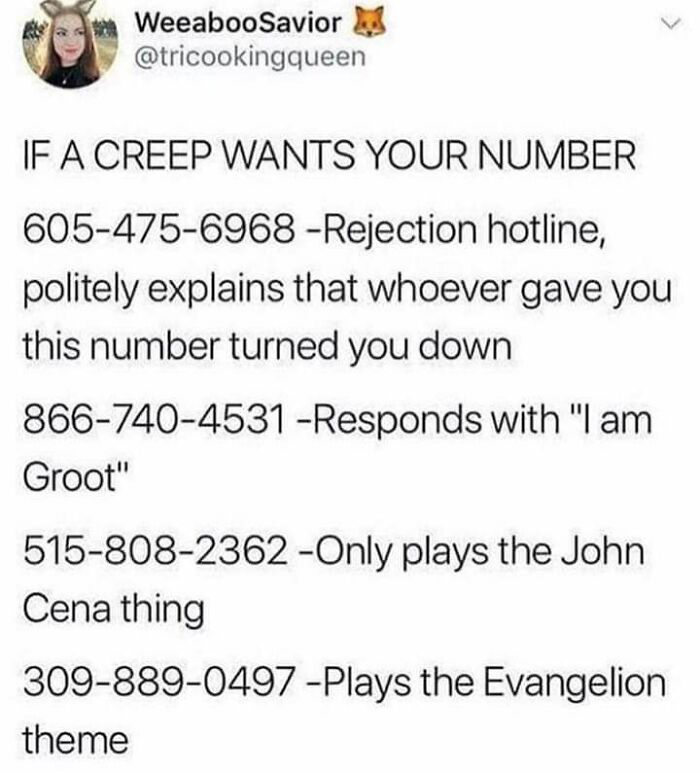 Funny list of numbers for avoiding creeps, featuring memes women might relate to with humorous responses.