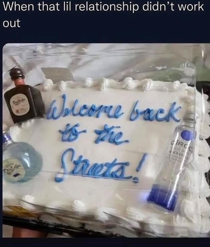 Cake with "Welcome back to the streets" message, bottles on top, meme humor for women.