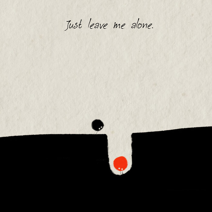 Simplicity illustration showing black and red figures in emotional isolation with text "Just leave me alone."