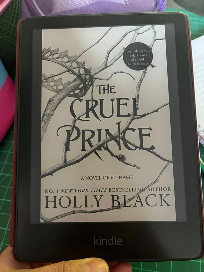 Kindle displaying "The Cruel Prince" book cover, highlighting its enchanting quotes.