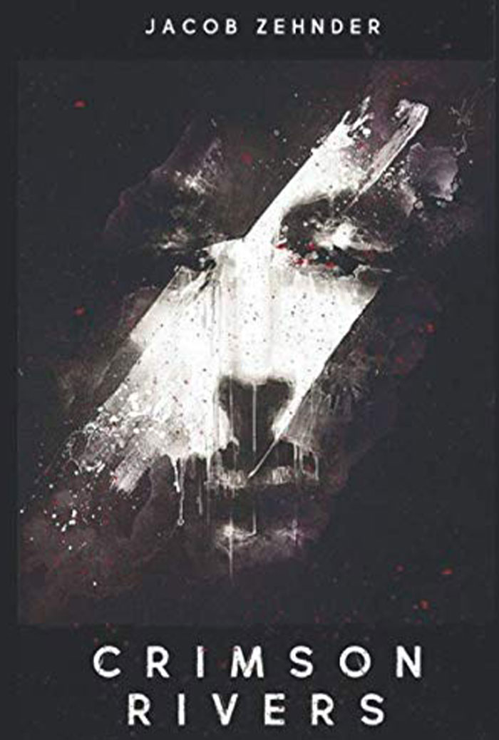"Abstract face on book cover 'Crimson Rivers', featuring artistic brush strokes."