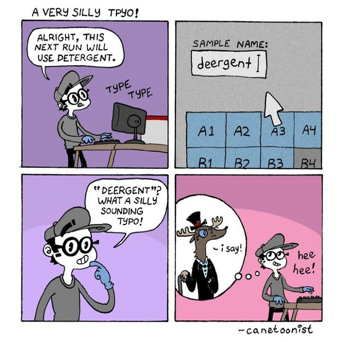 Retro-style comic by Canetoonist showing a funny typo mix-up with "deergent" instead of detergent.