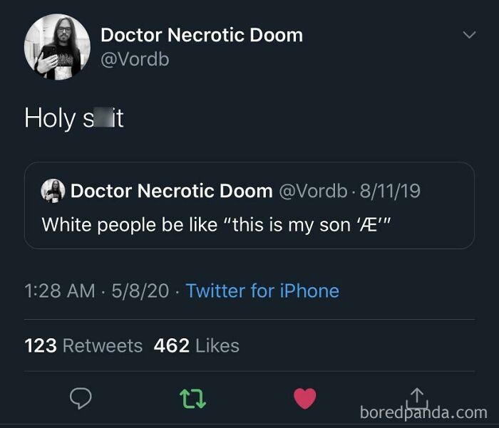 Tweet by Doctor Necrotic Doom predicting a name trend, labeled "Holy s**t," with 123 retweets and 462 likes.