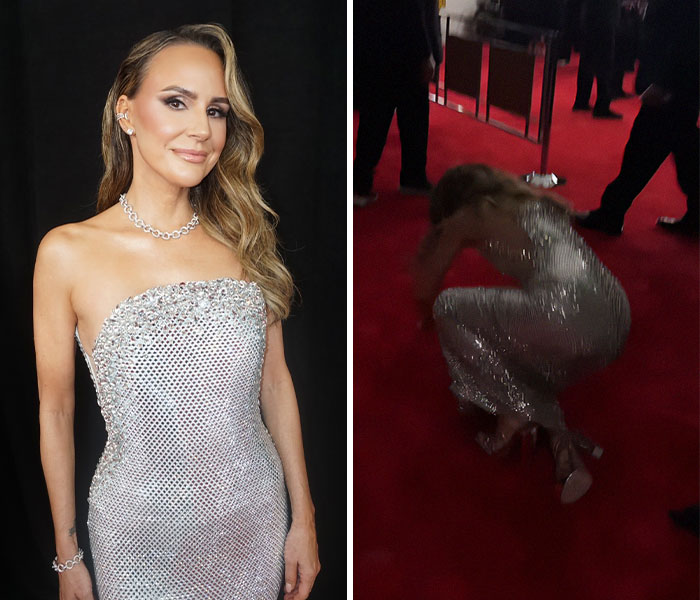 Woman in shimmering silver dress at the 2025 Grammy Awards, then crouching on the red carpet.