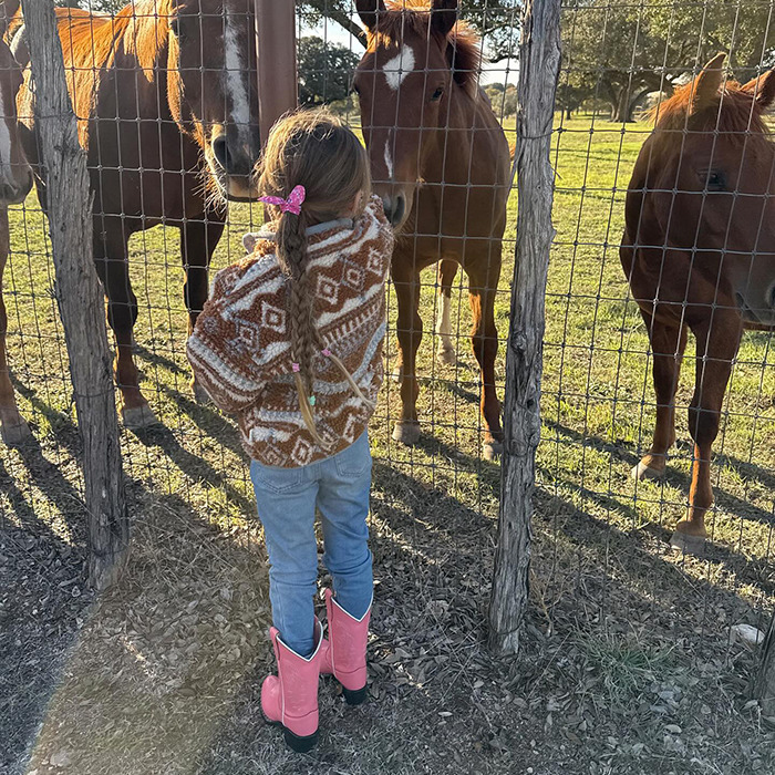 Child wearing a patterned sweater and pink boots, gazing at three horses through a fence.