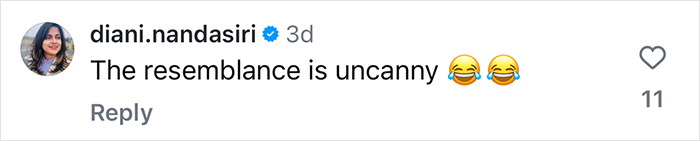 Comment on Instagram reads, "The resemblance is uncanny" with two laughing emojis. Comment on Instagram reads, "The resemblance is uncanny" with two laughing emojis.