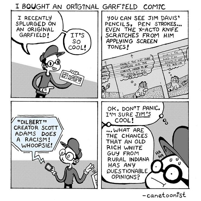 Retro-style comic by Canetoonist featuring a character discussing an original Garfield comic purchase with humorous skepticism.
