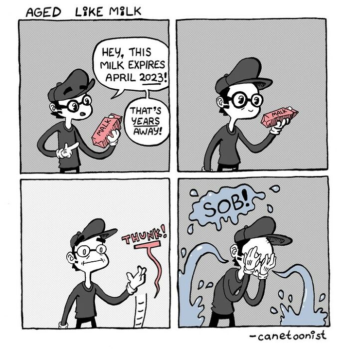 Retro-style lighthearted comic by Canetoonist showing a character's reaction to expired milk.