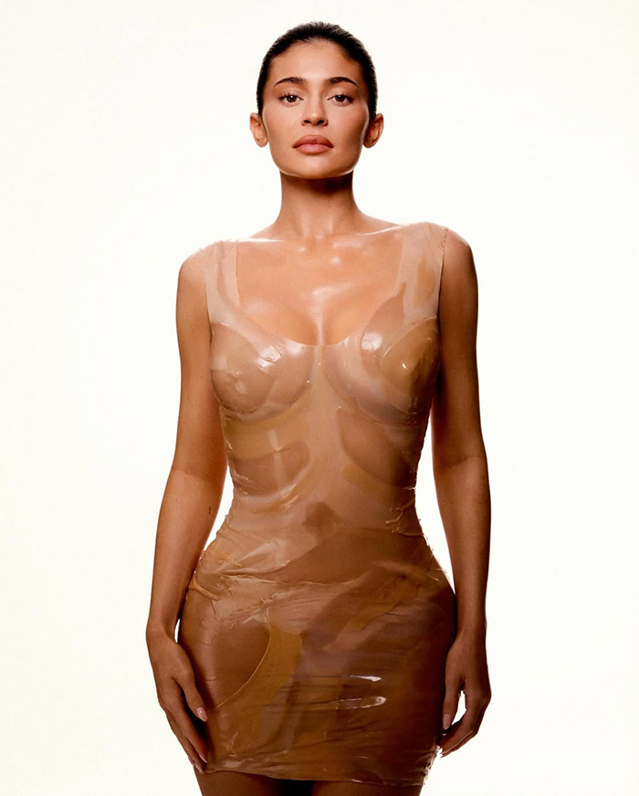 Kylie Jenner in a see-through fitted dress with a slick back hairstyle standing against a plain white wall. Kylie Jenner in a see-through fitted dress with a slick back hairstyle standing against a plain white wall.