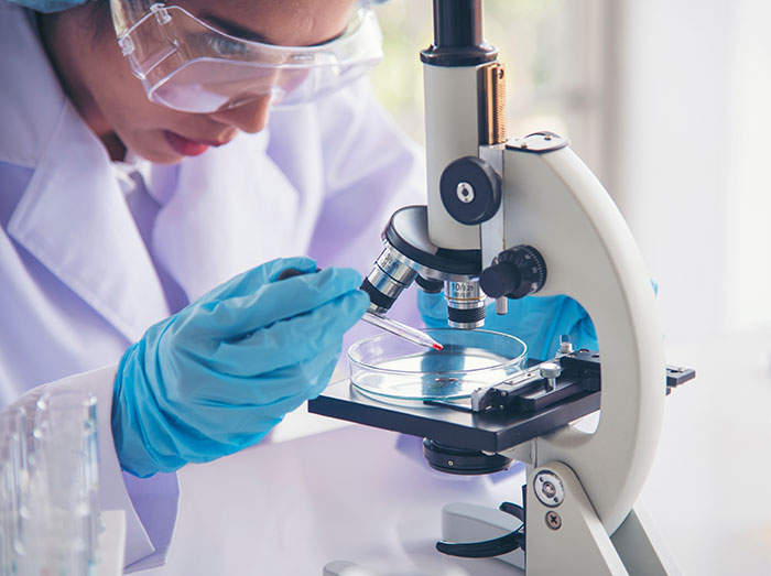 Scientist examining unknown illness sample under a microscope in a lab setting. Scientist examining unknown illness sample under a microscope in a lab setting.