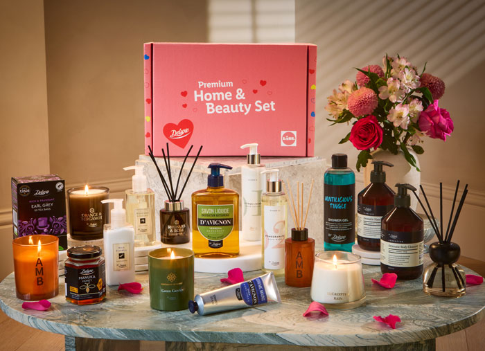 Lidl's Valentine's Day beauty box with candles, lotions, and skincare products on display, worth &pound;60 but priced at &pound;5.