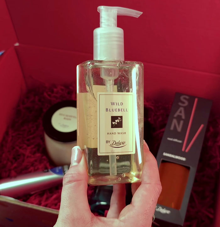 Lidl's Valentine's Day Beauty Box displaying Wild Bluebell hand wash and other products.