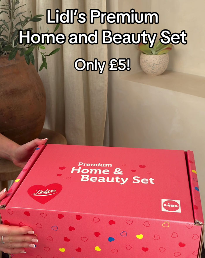 Lidl's Valentine's Day beauty box for &pound;5, featuring products worth &pound;60, in a red heart-themed package.