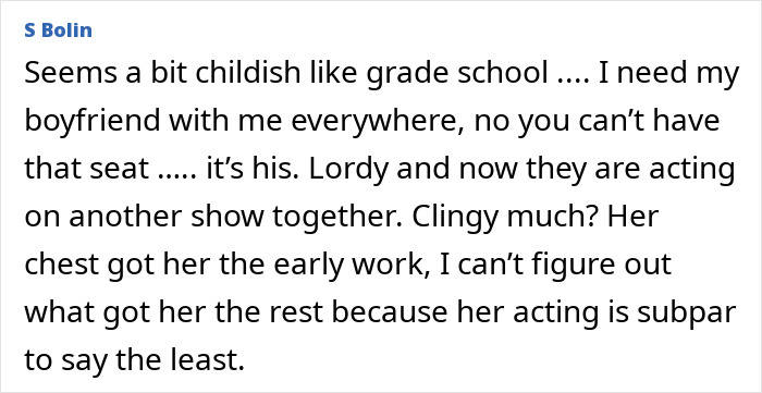 Text alleging problematic on-set behavior, criticizing acting and relationships with co-star.