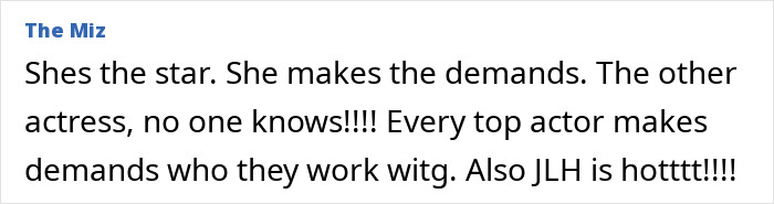 Comment discussing Jennifer Love Hewitt's on-set behavior, mentioning star demands.