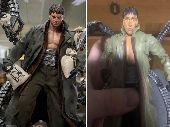Low-quality action figure comparison, highlighting poor craftsmanship and detailing issues.