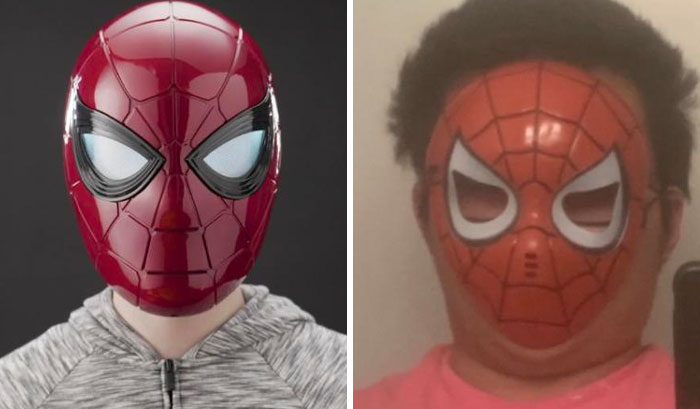 Low-quality item example: Side-by-side comparison of two Spider-Man masks, one high-quality and one poorly made.