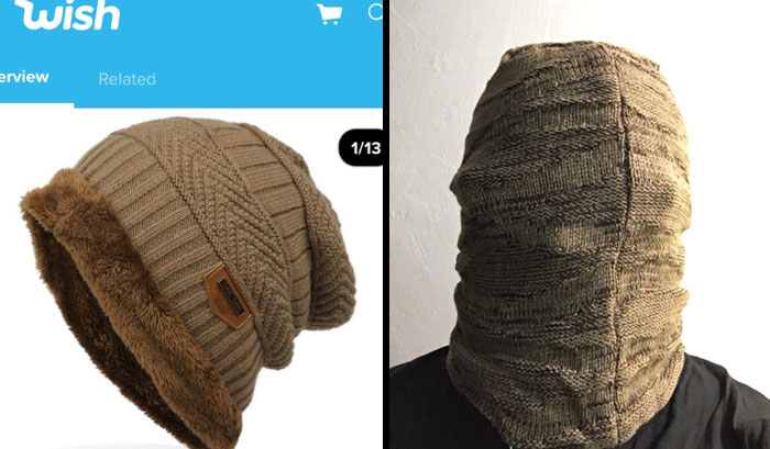 Low-quality item showing a beige beanie as advertised, and the actual oversized product covering a person's face.