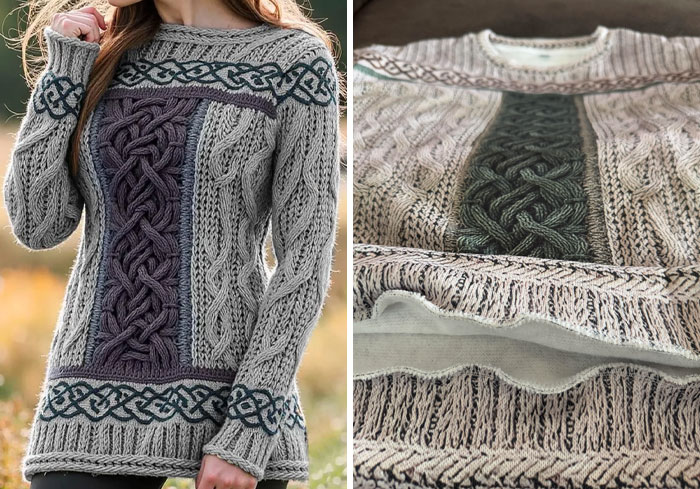Low-quality sweater with intricate knit pattern shown in comparison; product differs in appearance from online purchase.