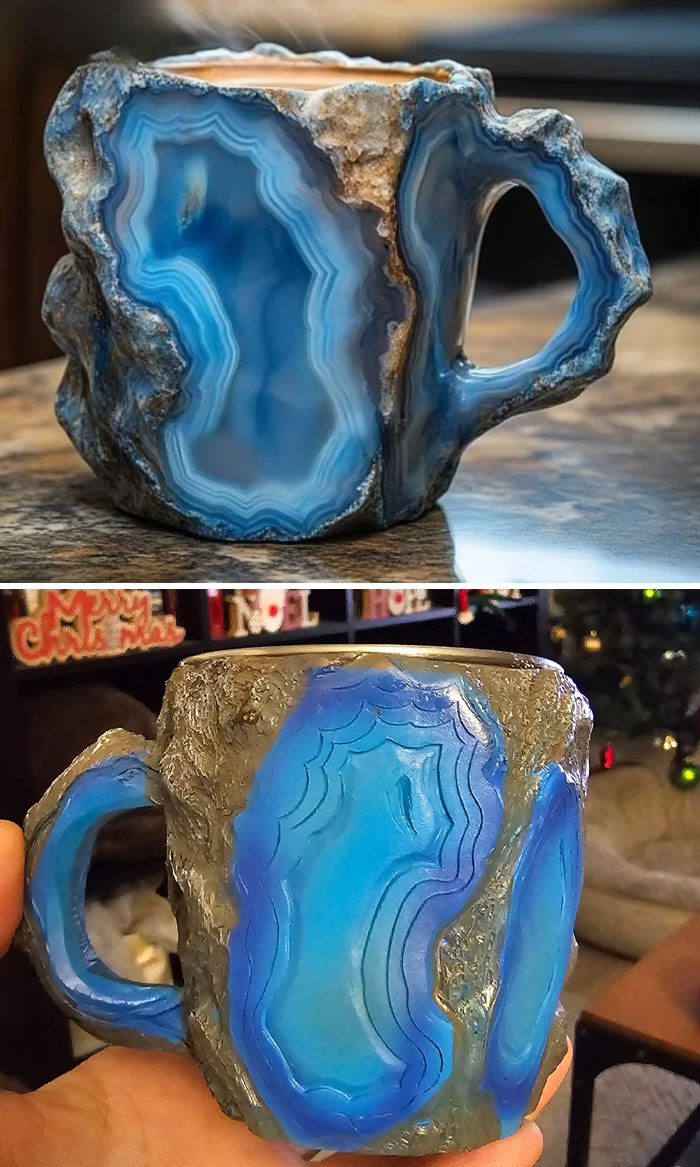 Two low-quality geode mugs, one polished and one rough, highlighting differences in appearance and design.