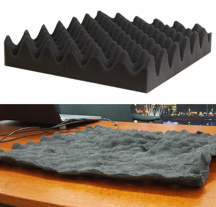 Low-quality item, black foam pad comparison; pristine versus compressed on a wooden table.