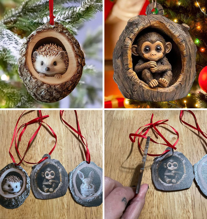 Low-quality items with animal ornaments on wood slices and red ribbons, showing unrealistic expectations vs. reality.