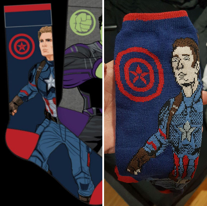 Low-quality item showing mismatched Captain America sock design side by side.