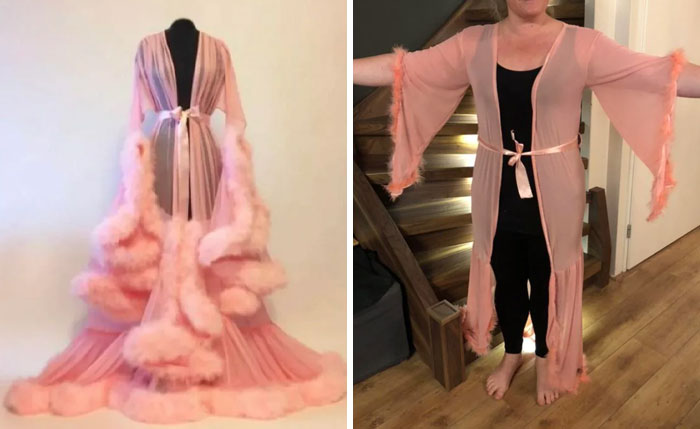 Pink robe comparison showing low-quality items bought, with expectations versus reality.