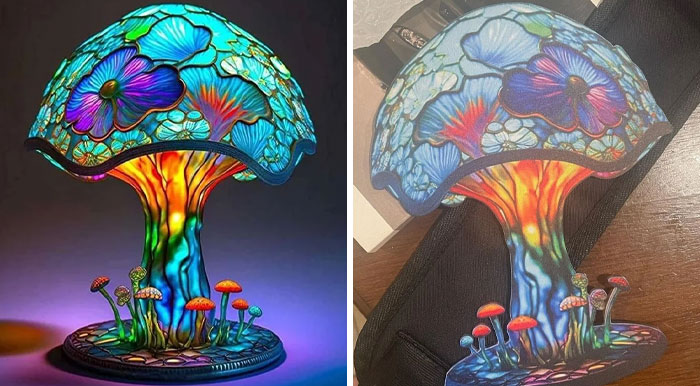 Stained glass mushroom lamp showing low-quality item comparison in two images.
