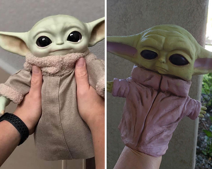 "Comparison of a high-quality and a low-quality toy figurine held in hands, showcasing low-quality items bought."