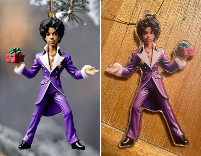 Low-quality items bought: A poorly crafted purple-suited ornament next to a flat version on wooden surface.