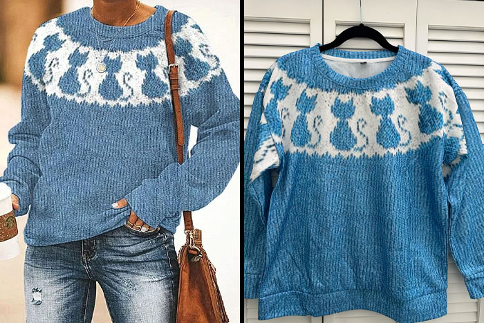 Side-by-side comparison of low-quality sweater with cat design, highlighting purchase issues.