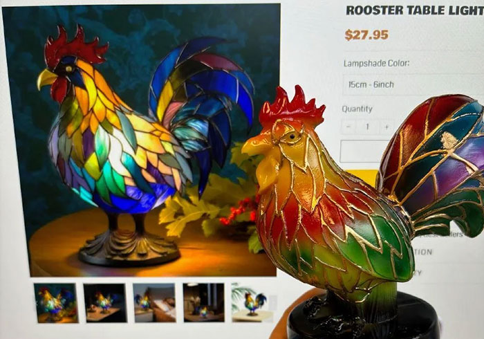 Low-quality item comparison of rooster table lamps; real product differs from advertised image.