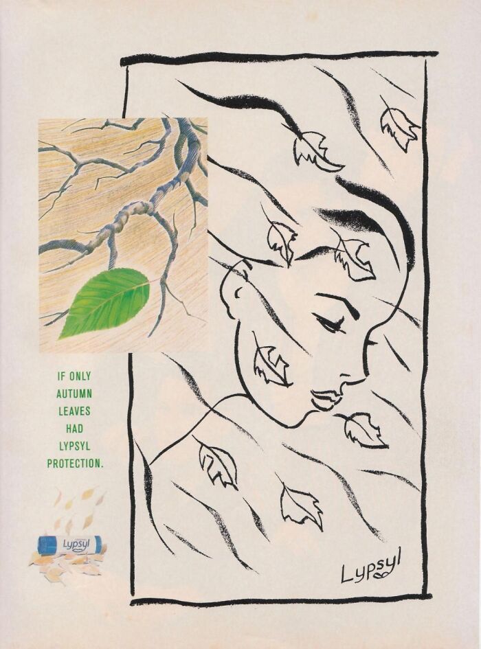 Vintage-commercials inspired artwork promoting Lypsyl lip balm with autumn leaves and a serene face sketch.