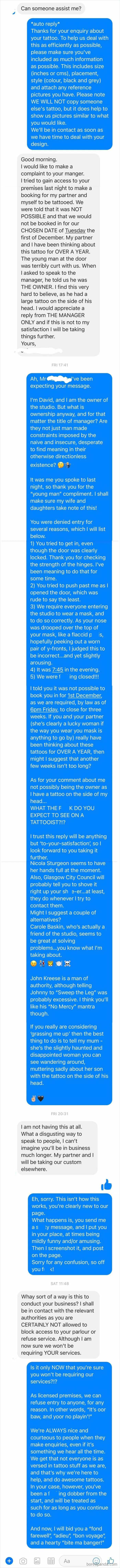 Text messages showing a man getting extremely angry over trivial matters in a lengthy online conversation.