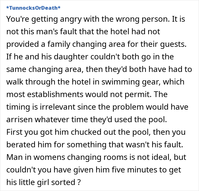 Text response about a woman questioning dad in women's changing room issue.