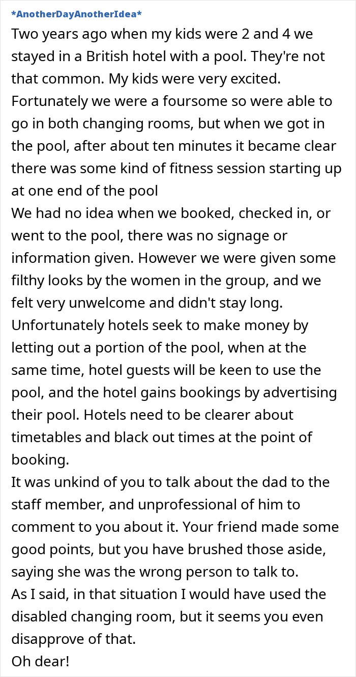 Text discussing an issue about bringing a child into a women's changing room, questioning etiquette and hotel policies.
