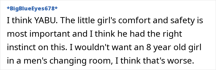Text comment discussing comfort and safety of a girl in a women's changing room.