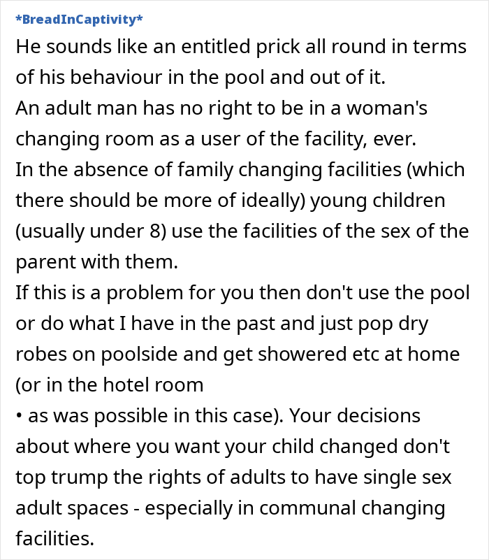 Text discussing opinions on adult men in women&rsquo;s changing rooms, addressing rights in communal facilities.