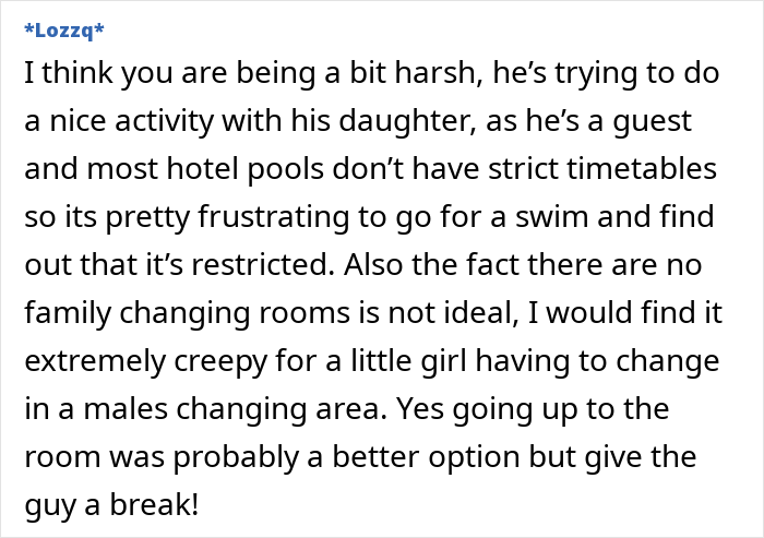 Text discussion about a dad bringing his daughter into a women&rsquo;s changing room, highlighting lack of family facilities.