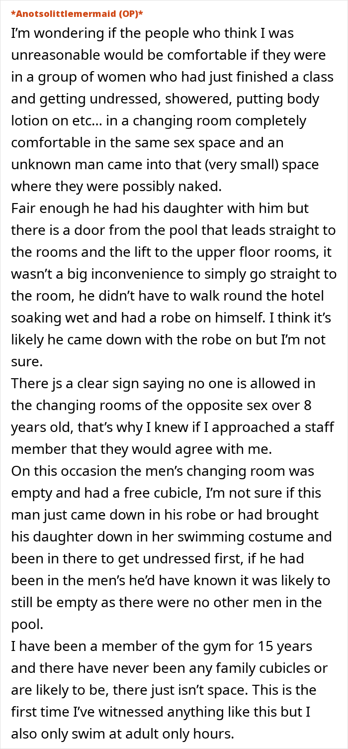 Text discusses discomfort with a dad bringing daughter to women's changing room, questioning appropriateness.
