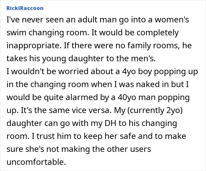 Text screenshot discussing issues with a dad bringing his daughter to a women's changing room.