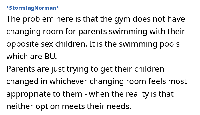 Text discussing gym's lack of appropriate changing rooms for opposite-sex children and their parents.