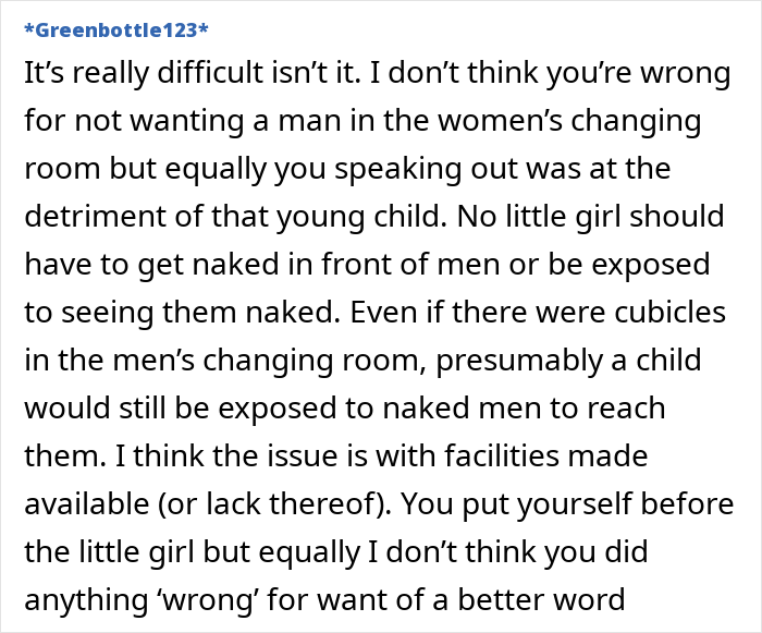 Text discussing conflict about men in women's changing rooms and child privacy concerns.