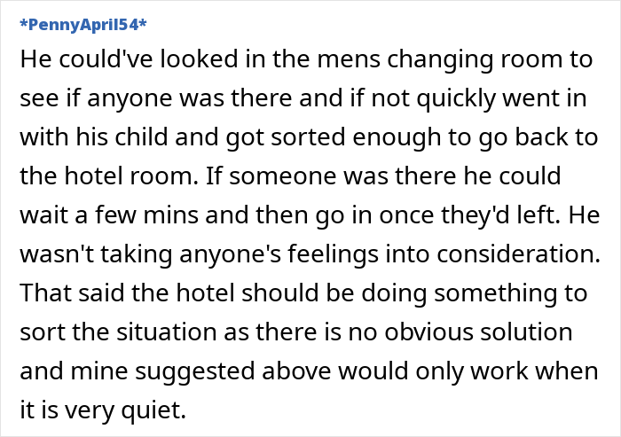 Text discussing a situation about a dad and daughter in a women's changing room, considering feelings and hotel solutions.