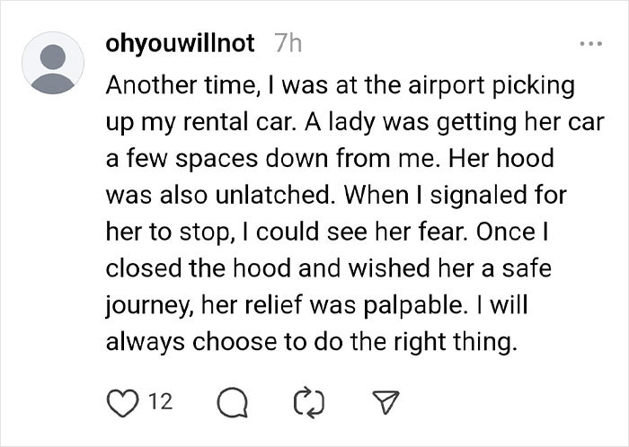 Text warning about potential tire scam at the airport, emphasizing doing the right thing to help others.