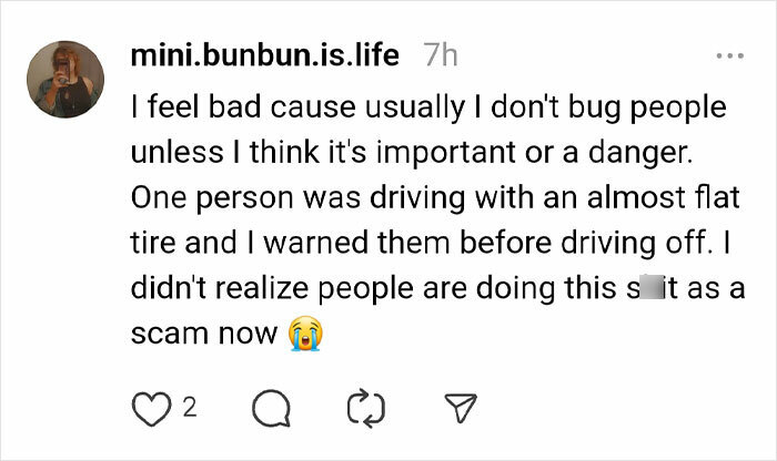 Social media post about warning someone of a tire scam, expressing surprise and concern with emoji.