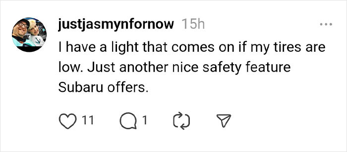 Instagram post about tire safety feature by Subaru, mentioning a warning light for low tire pressure.